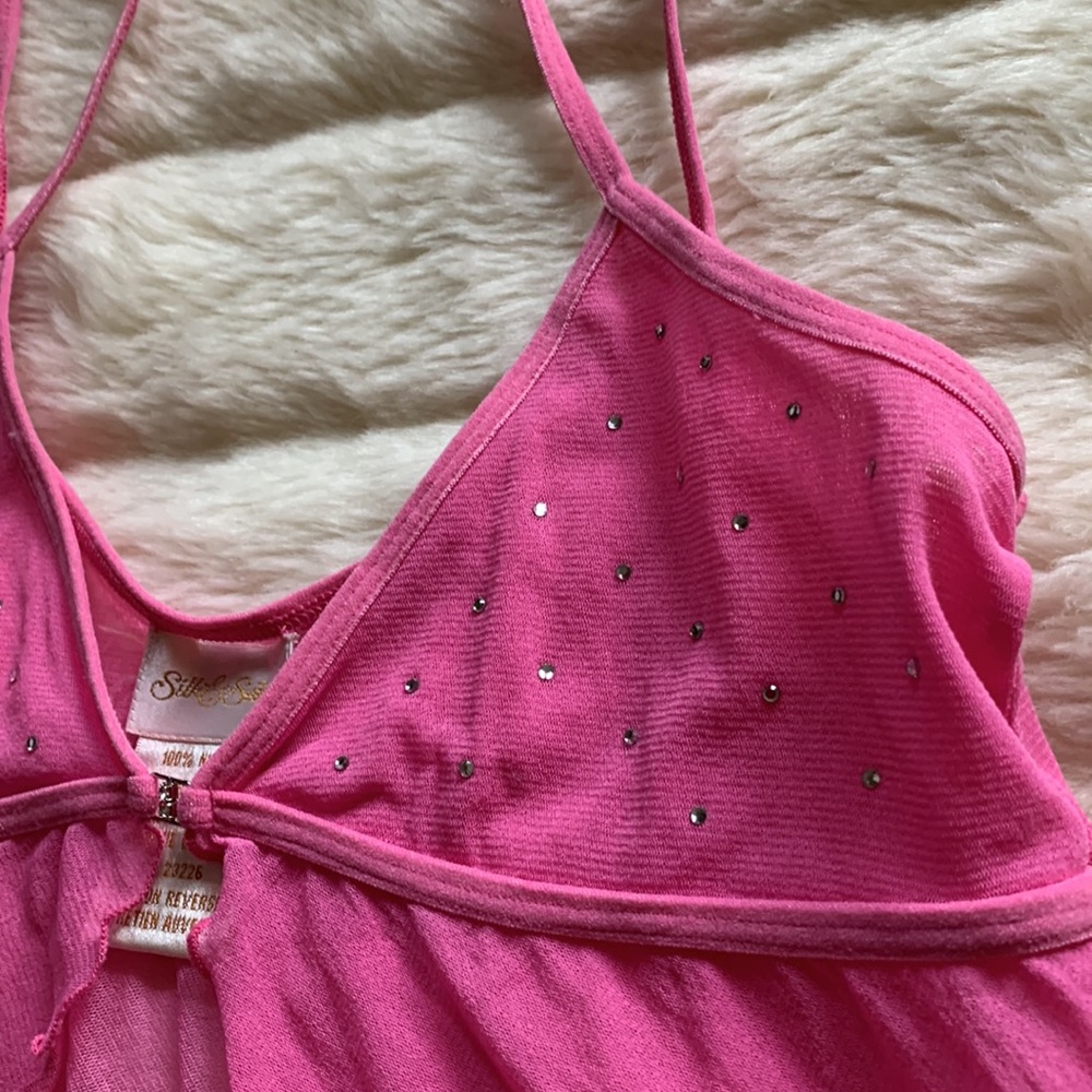 Silk&Satin pink sheer sparkling crystals open front chemise babydoll cami S - Picture 2 of 13